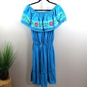 Boho Off Shoulder Embroidered Peasant Midi Dress Blue